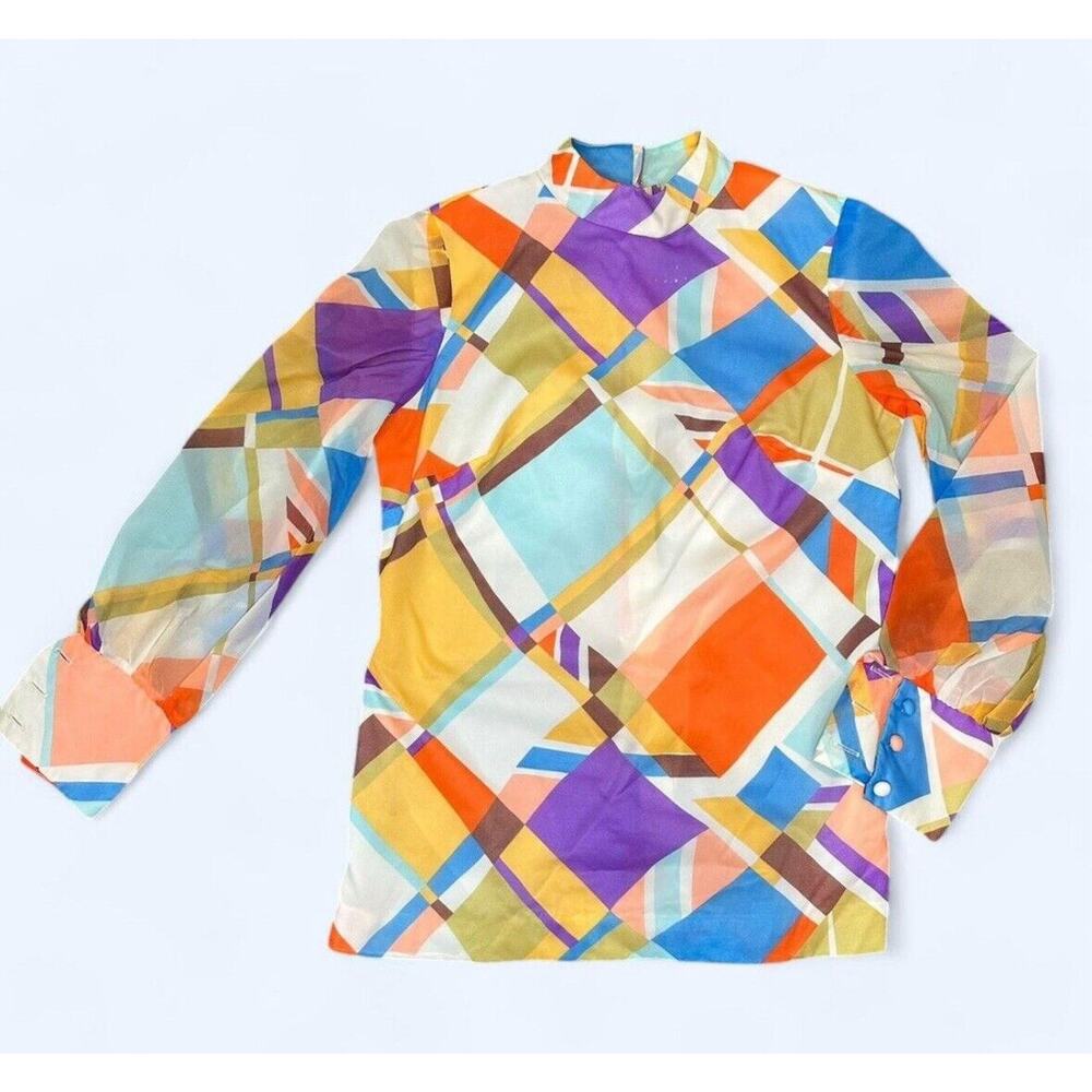 Vintage Long Sleeve Colorful Abstract Plaid Top Womans Size 8 John California